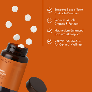 Olympian Labs Green Calcium supplement bottle with tablets on an orange background and product benefits listed.