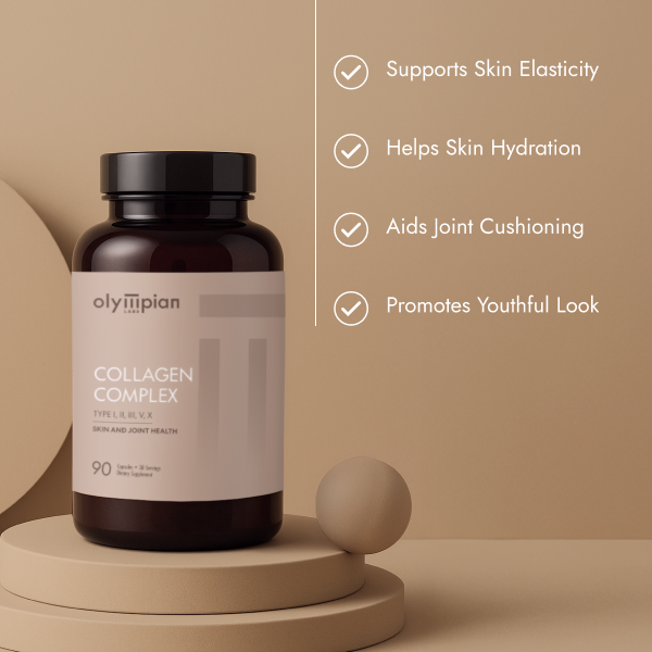 Collagen complex supplement bottle with benefits listed on a beige background