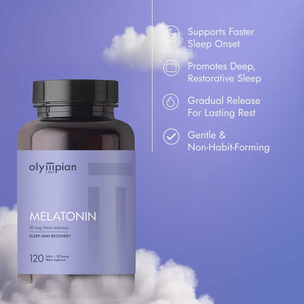 Olympian Labs Melatonin supplement bottle with cloud background