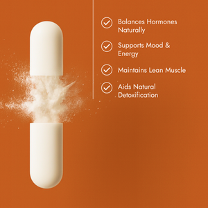 White pill capsule with explosion effect on an orange background, featuring text about health benefits.