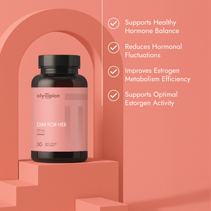 Supplement bottle labeled 'DIM FOR HER' by Olympian on a pink background with text about its benefits.