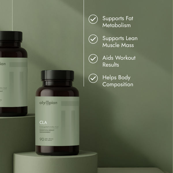 Olympian CLA supplement bottle on a green background with product benefits listed.