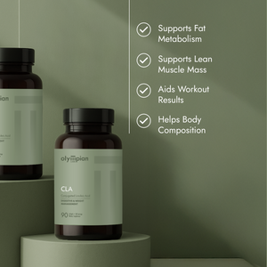Olympian CLA supplement bottle on a green background with product benefits listed.