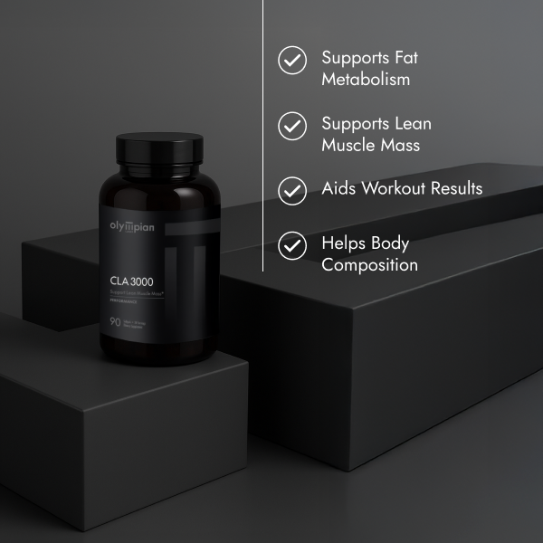 Black supplement bottle on a dark gray background with text highlighting benefits