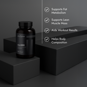 Black supplement bottle on a dark gray background with text highlighting benefits