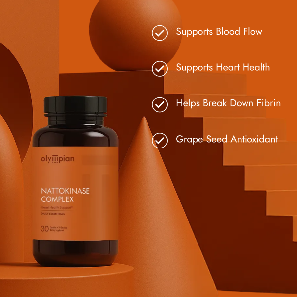 Olympian Nattokinase Complex supplement bottle on an orange background with text highlighting benefits.