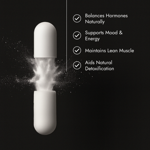 White capsule with a black background and text listing benefits