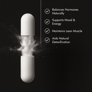 White capsule with a black background and text listing benefits