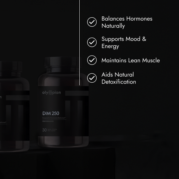 Black supplement bottle with Olympian Labs branding on a dark background, featuring product benefits.