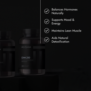 Black supplement bottle with Olympian Labs branding on a dark background, featuring product benefits.