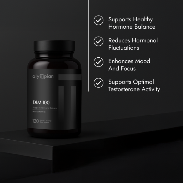 Black supplement bottle labeled 'DIM 100' with features listed on a dark background