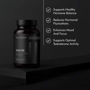 Black supplement bottle labeled 'DIM 100' with features listed on a dark background