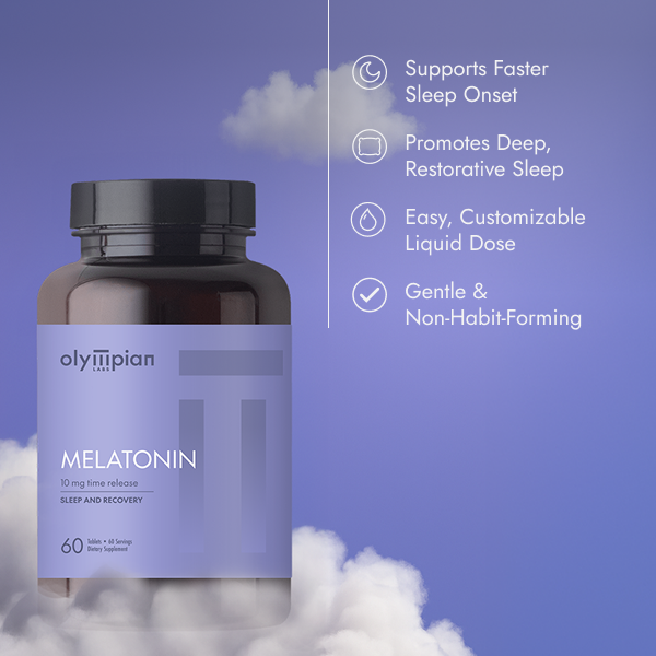 Olympian Labs Melatonin supplement bottle with features listed on a blue background