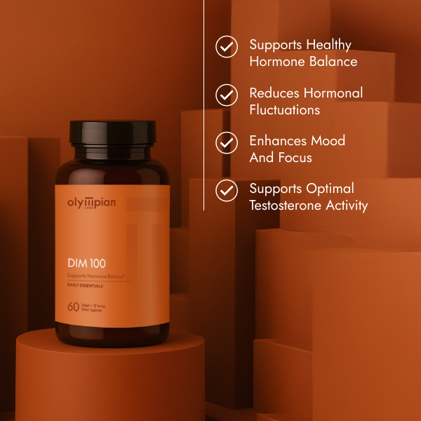 Olyllipian DIM 100 supplement bottle on an orange background with product benefits listed.