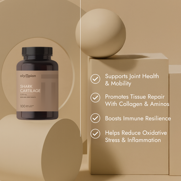 Olympian Labs Shark Cartilage supplement bottle with product benefits on a beige background