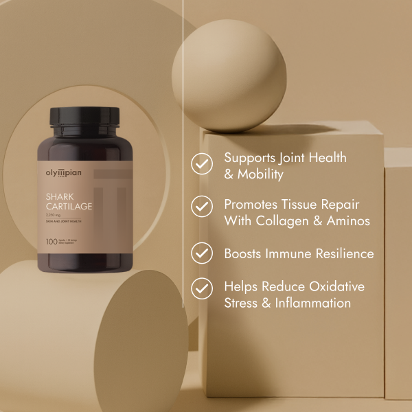 Olympian Labs Shark Cartilage supplement bottle with product benefits on a beige background