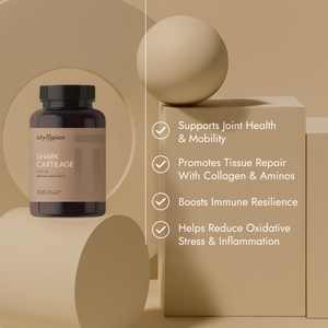 Olympian Labs Shark Cartilage supplement bottle with product benefits on a beige background