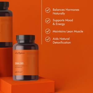 Olympian Labs DIM 150 supplement bottle on an orange background with product benefits listed.