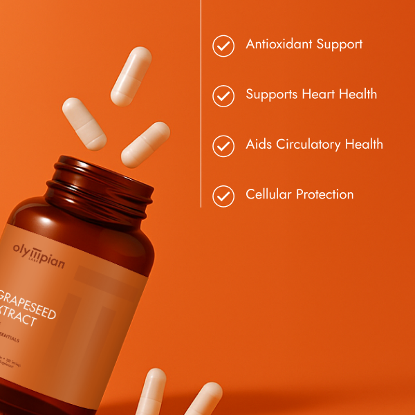 Vitamins bottle with capsules on an orange background, featuring health benefits.
