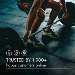 Person lifting weights with text about customer trust on a gym floor