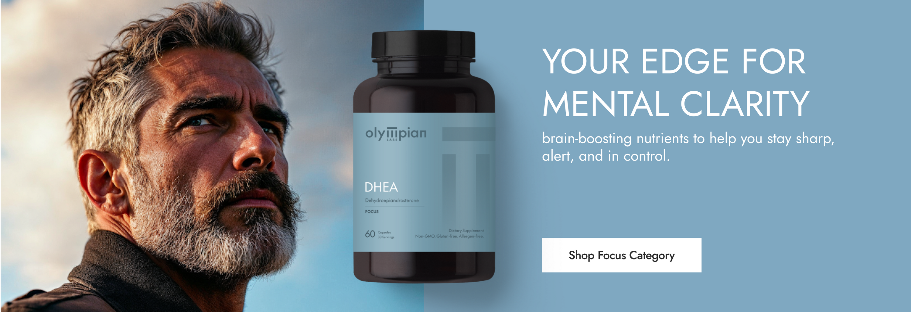 Man with gray hair and beard looking to the side, with a supplement bottle and promotional text on a blue background.