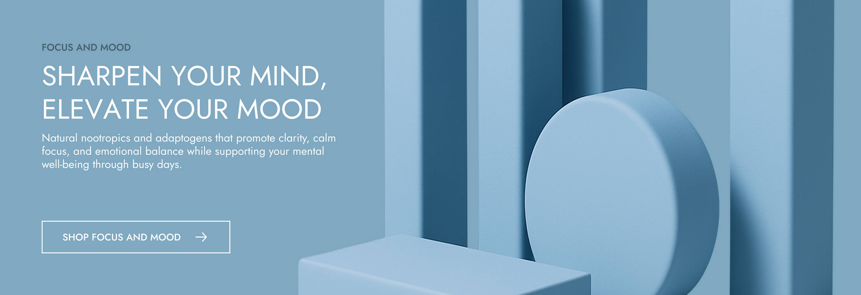 Promotional banner for 'Focus and Mood' with text and product on a blue background