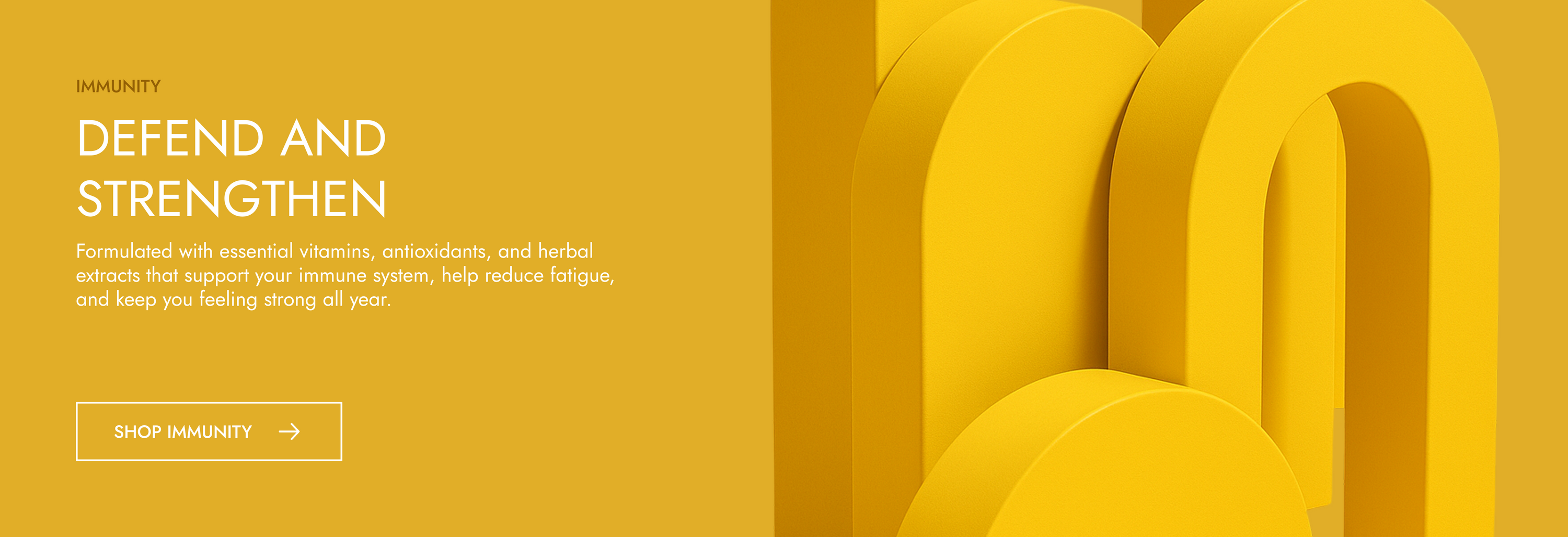 Yellow background with abstract shapes and text about defending and strengthening.