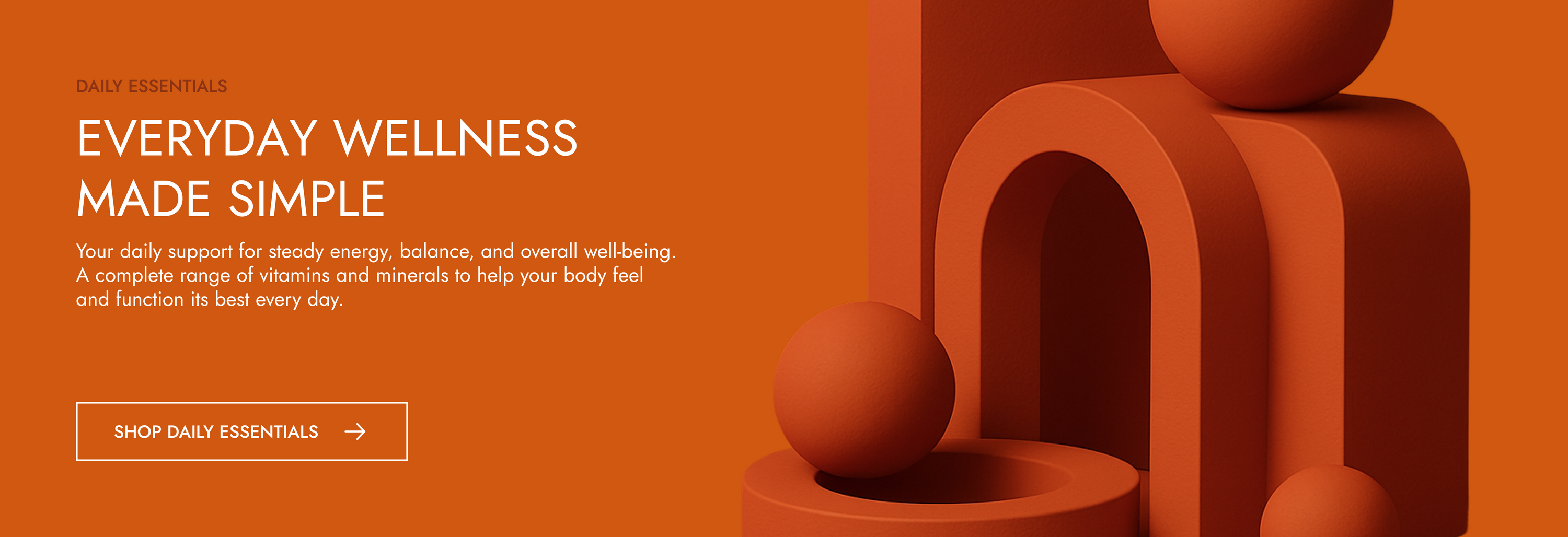Orange product display with 'Everyday Wellness Made Simple' text and call to action button.