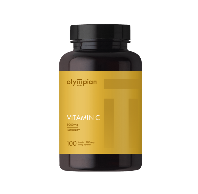 Vitamin C supplement bottle with yellow label and black lid on a white background