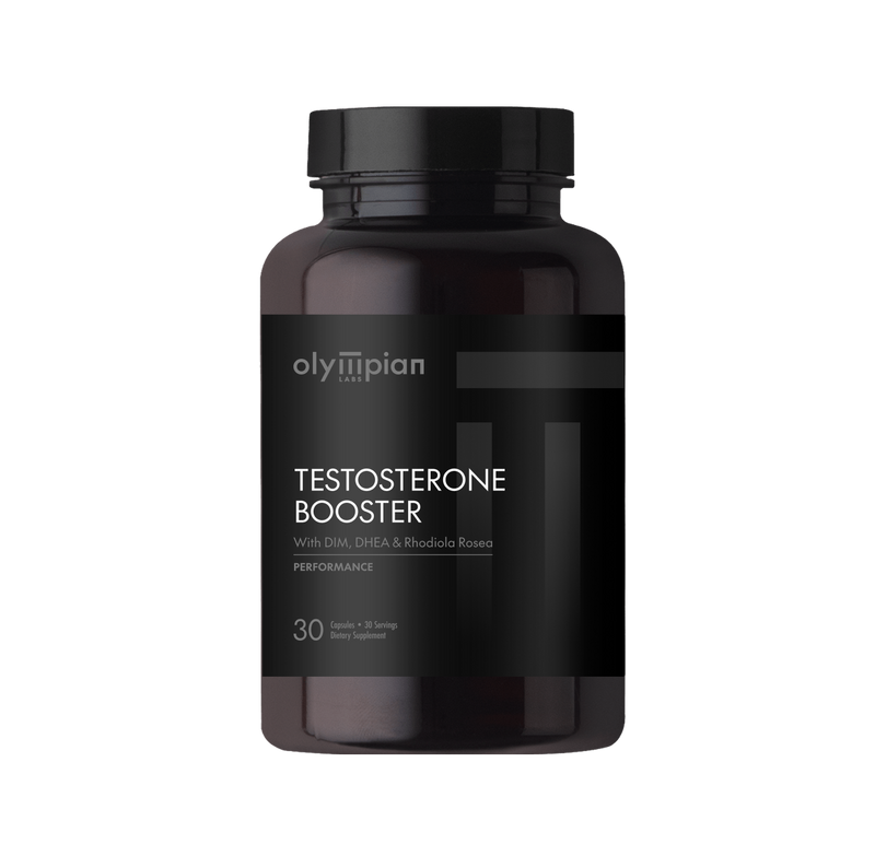 Black bottle of Olympian Labs Testosterone Booster on a white background
