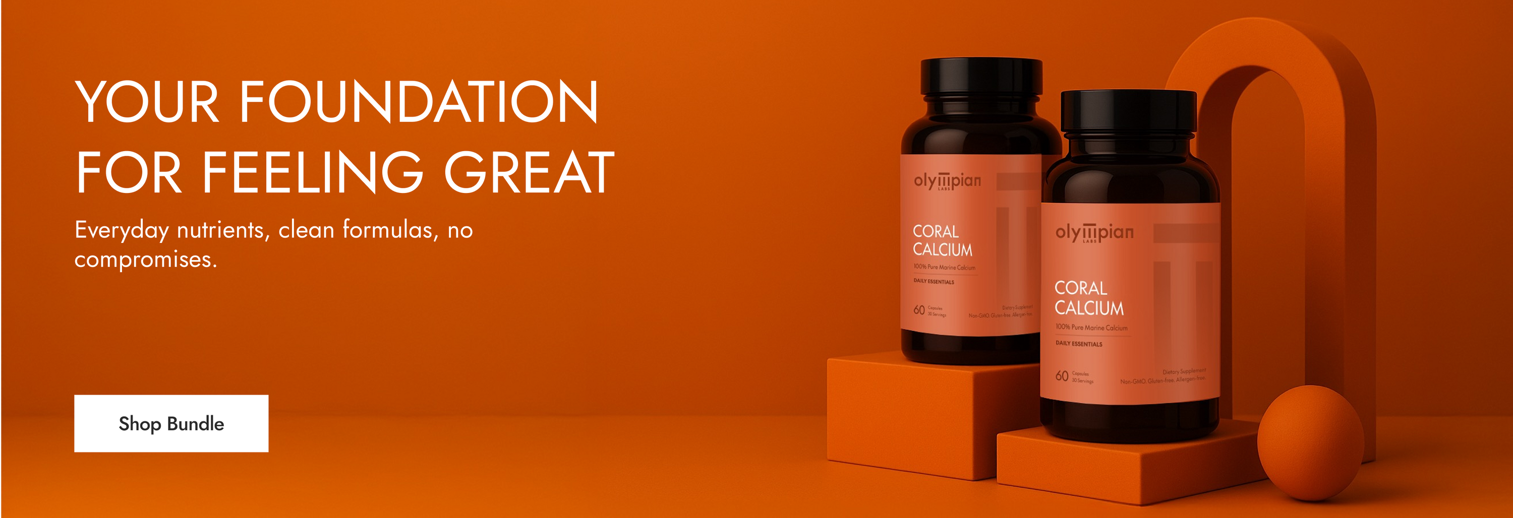 Two supplement bottles on an orange background with promotional text.