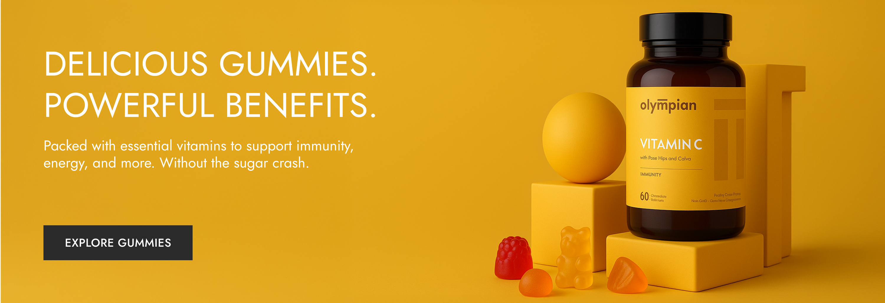Olympian Labs Vitamin C gummies on a yellow background with text about benefits.
