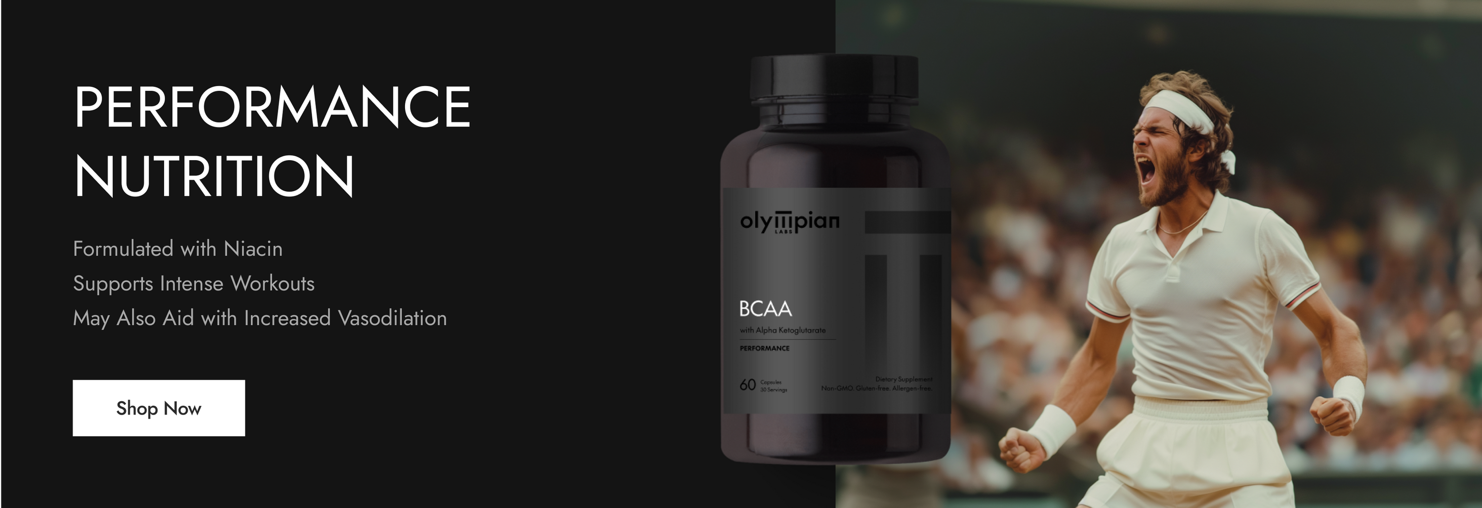 Olympian BCAA supplement bottle with a tennis player in the background on a dark background