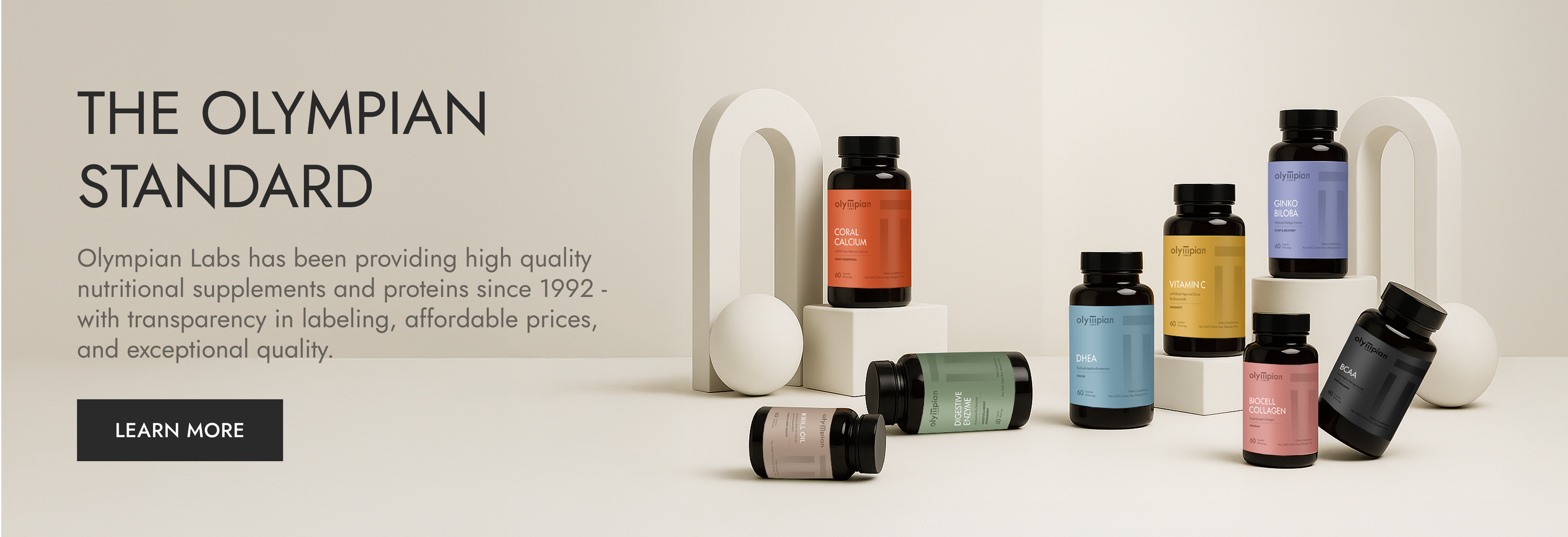 Olympian Labs supplement bottles on a white background with text about the brand.