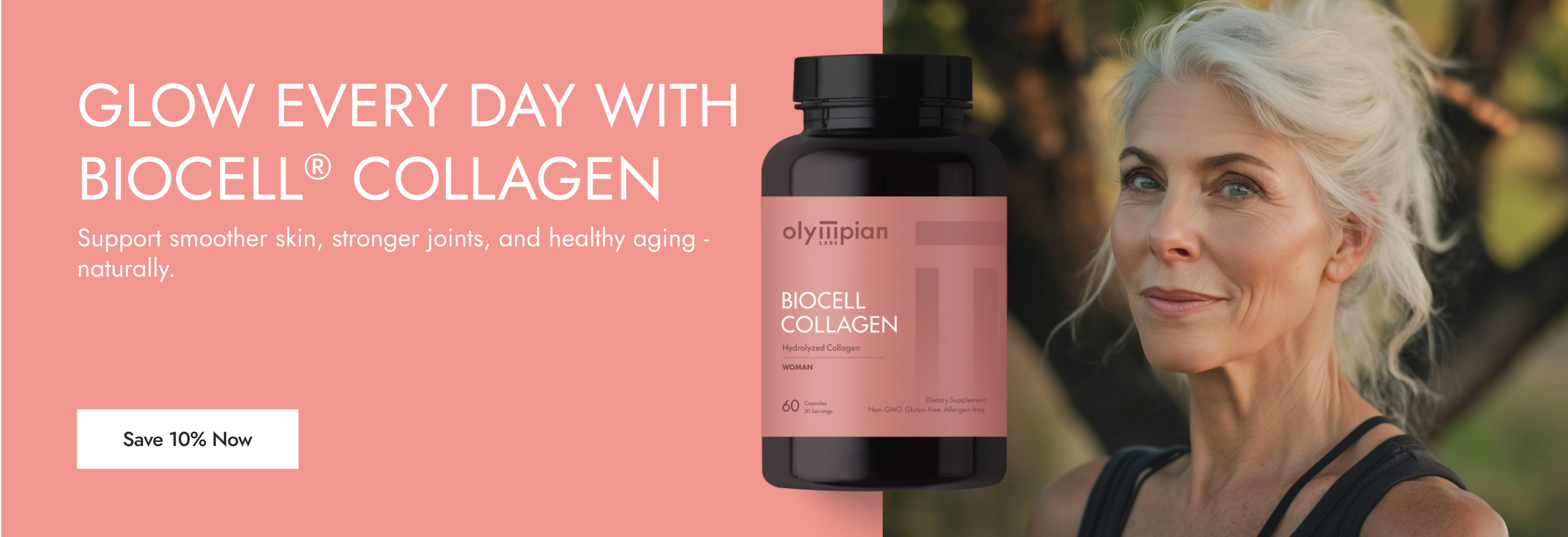 Biocell collagen supplement bottle with a woman on a pink background