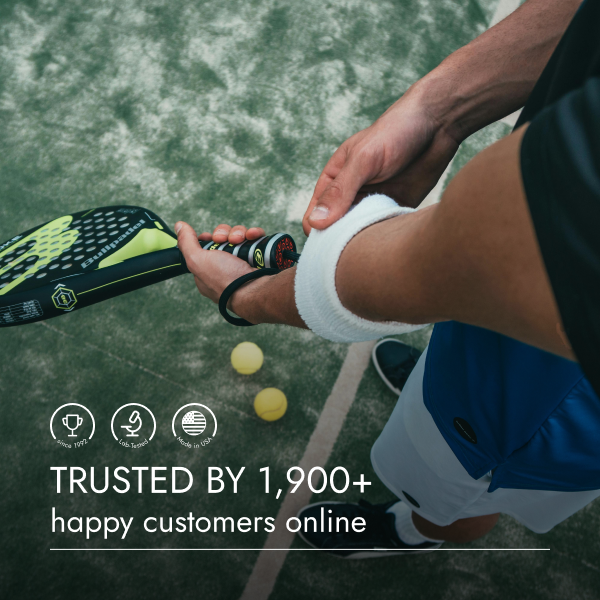 Person holding a paddle with tennis balls on a court, featuring text about customer trust.