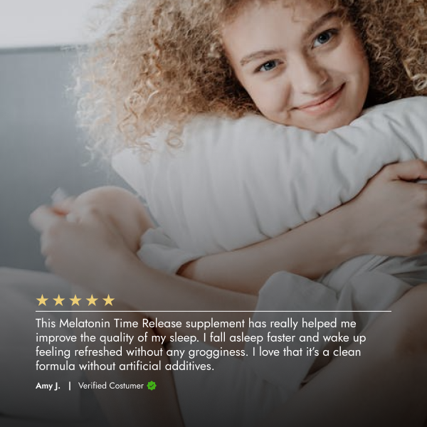 Person hugging a pillow with a five-star rating text overlay about Melatonin Time Release supplement.