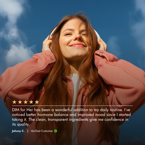 Woman wearing headphones against a blue sky with a five-star rating and customer review text overlay.