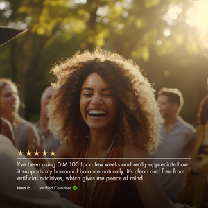 Person with curly hair laughing outdoors with a five-star rating and review text overlay.