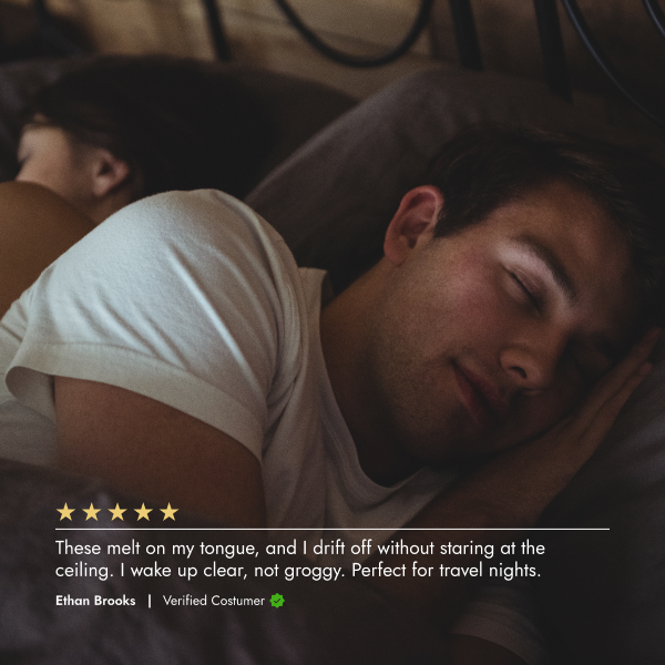 Person lying down with a pillow, with a five-star rating text overlay.