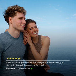 Two people sitting together with a scenic background, featuring a five-star rating and customer review.