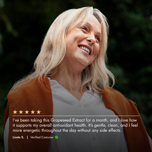 Woman smiling with a product review overlay