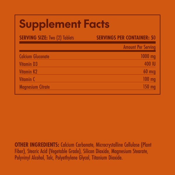 Olympian Labs Calcium Supplement facts label with detailed nutritional information on an orange background