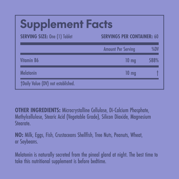Olympian Labs 10mg melatonin Supplement facts label with vitamins and ingredients on a blue background
