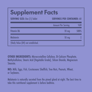 Olympian Labs 10mg melatonin Supplement facts label with vitamins and ingredients on a blue background