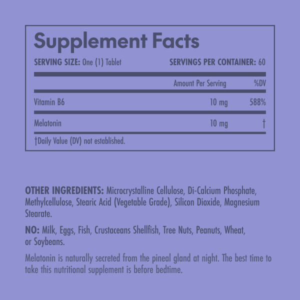 Supplement facts label with vitamin B6 and melatonin on a purple background