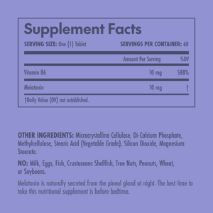 Supplement facts label with vitamin B6 and melatonin on a purple background