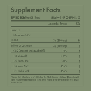 Olympian Labs CLA Supplement facts label on a green background