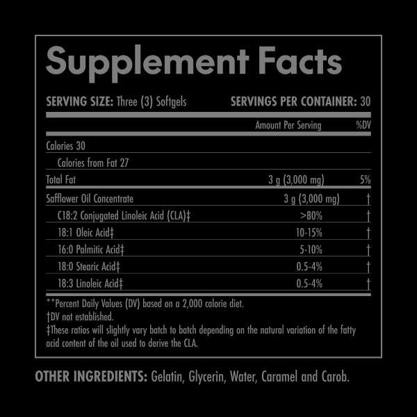 Supplement facts label with detailed nutritional information on a black background