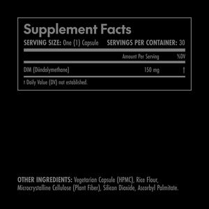 Olympian Labs DIM 150 Supplement facts label with black background and white text